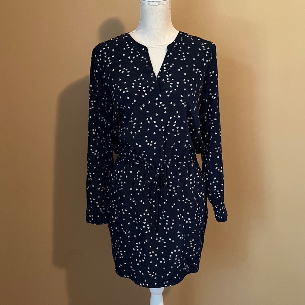 Banana Republic Size 6 Dark Navy Blue Bird Print Long Sleeve Dress